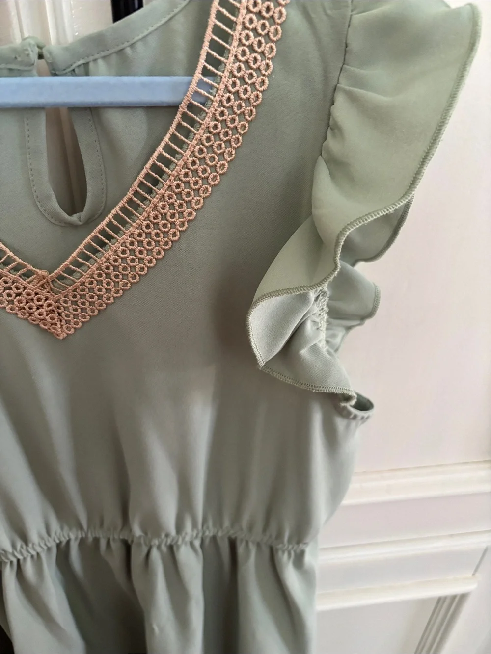 Girls Sage Green Ruffle Sleeve Dress with Embroidered V-Neck